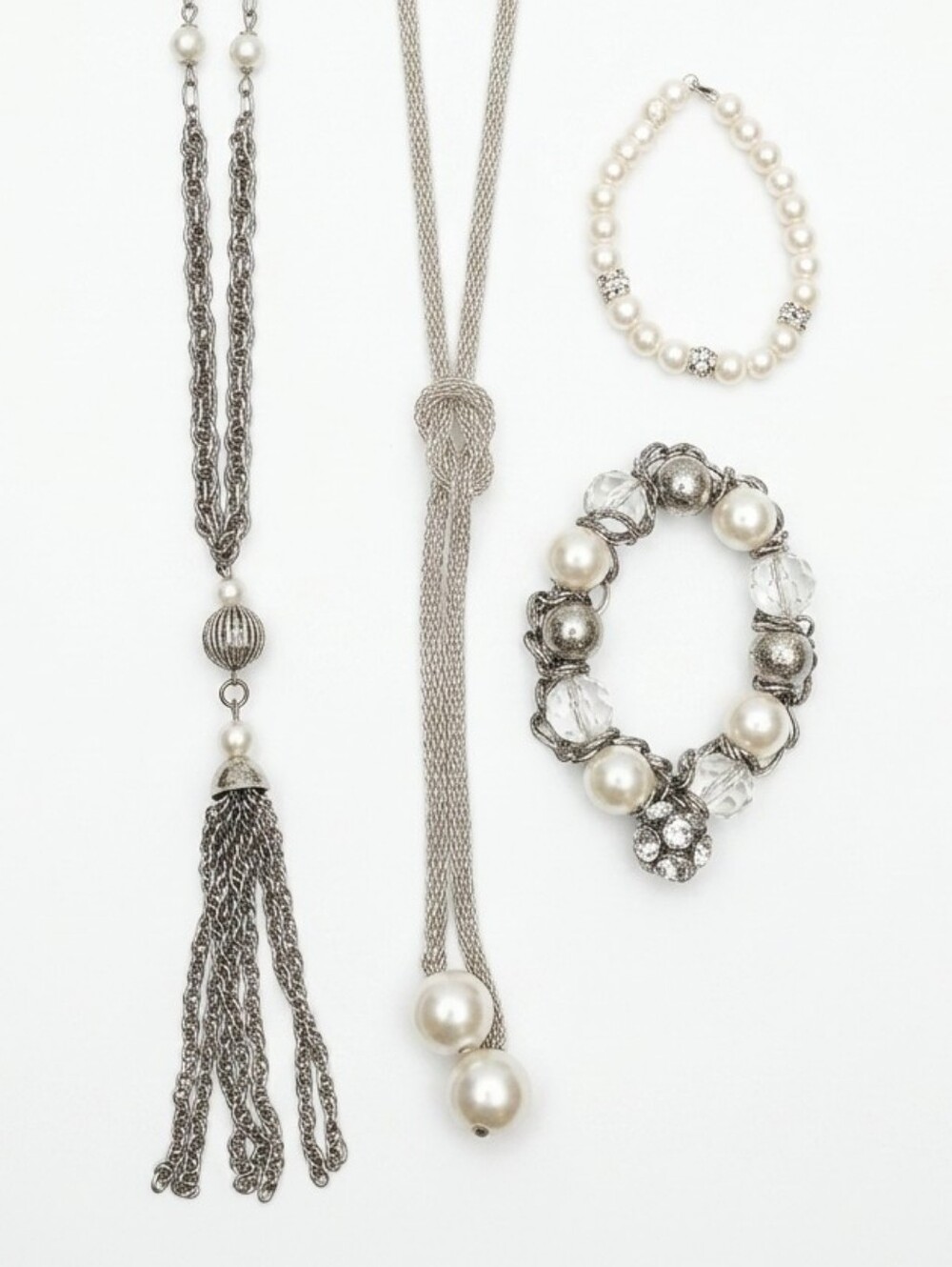 4Pc Set Faux Pearl Silver Chain Jewelry Lariat Knot Necklace Bracelet Tassel